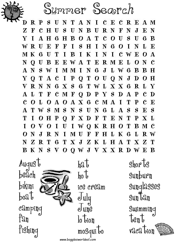 Printable Summer Word Search Puzzles for Kids