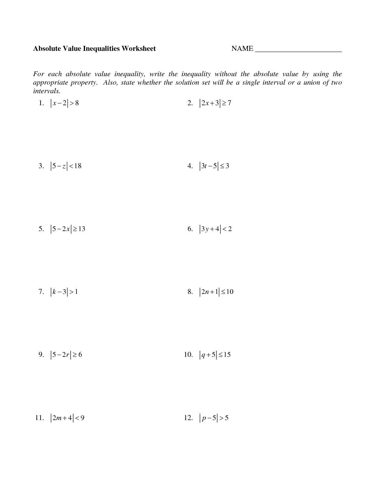 Absolute Value Inequalities Worksheets