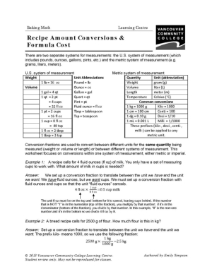 Culinary Math Conversion Worksheets