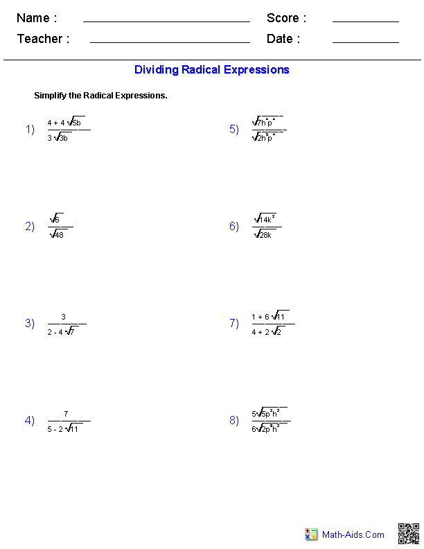 Dividing Radical Expressions Worksheets