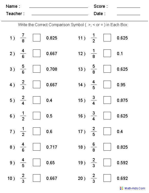 Fractions and Decimals Worksheets