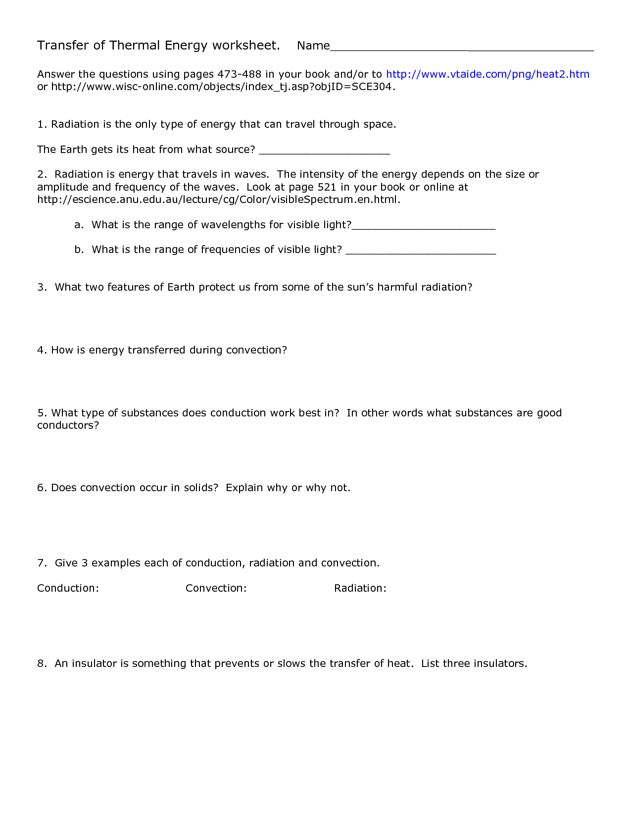 Heat Energy Transfer Worksheet