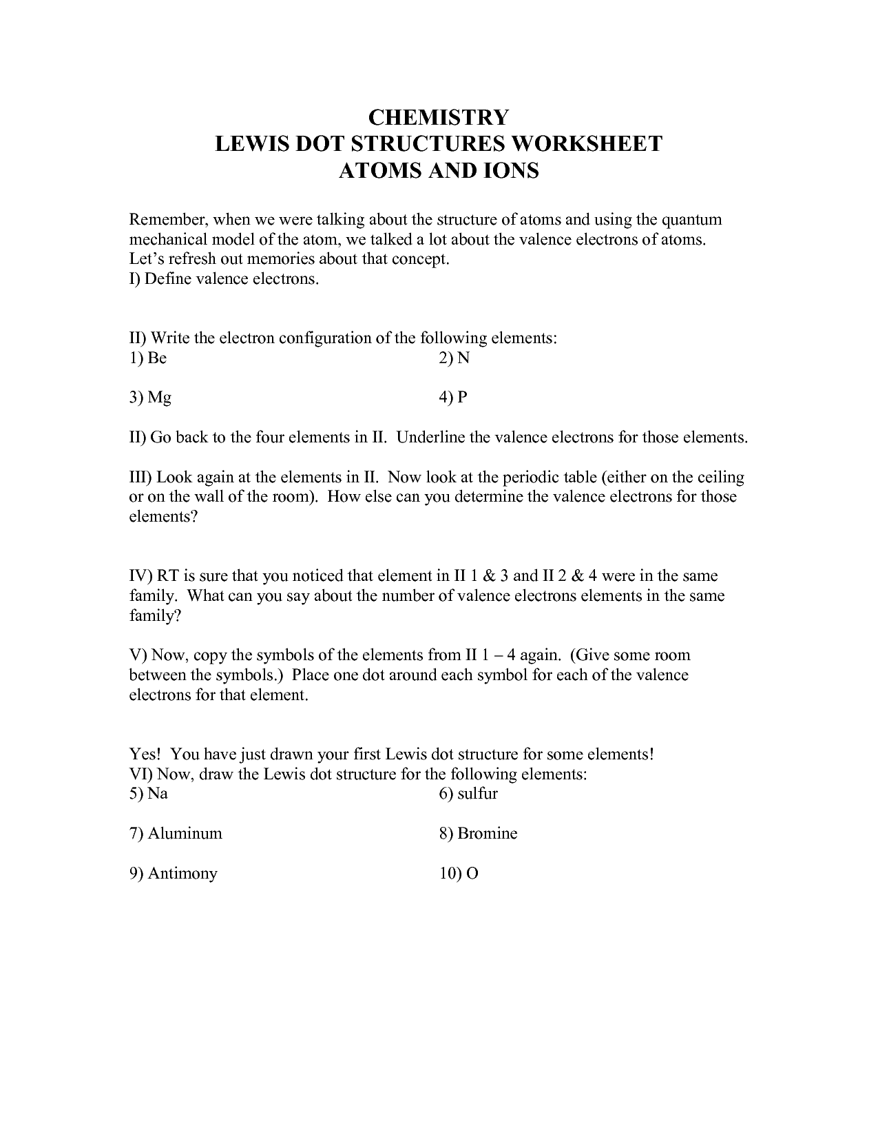 Lewis Electron Dot Structure Worksheet