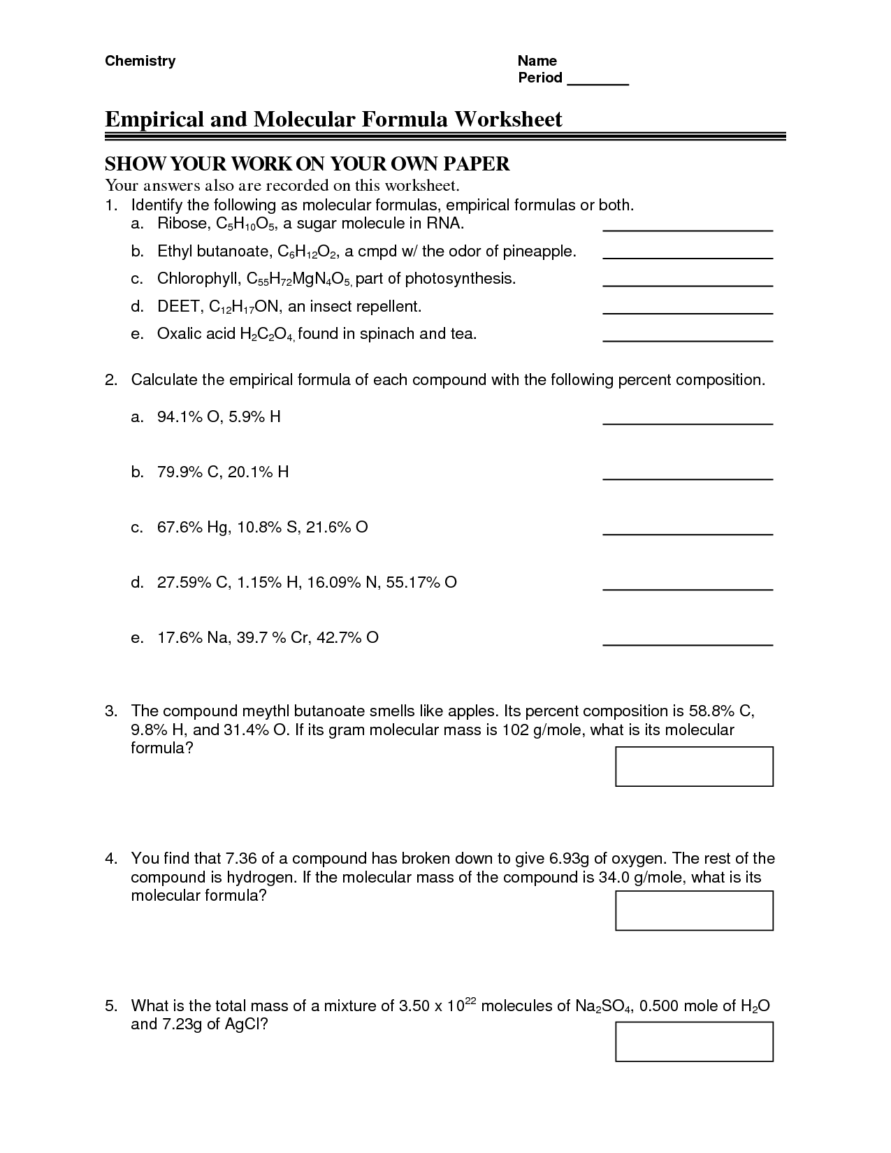 Molecular and Empirical Formula Worksheet Answers