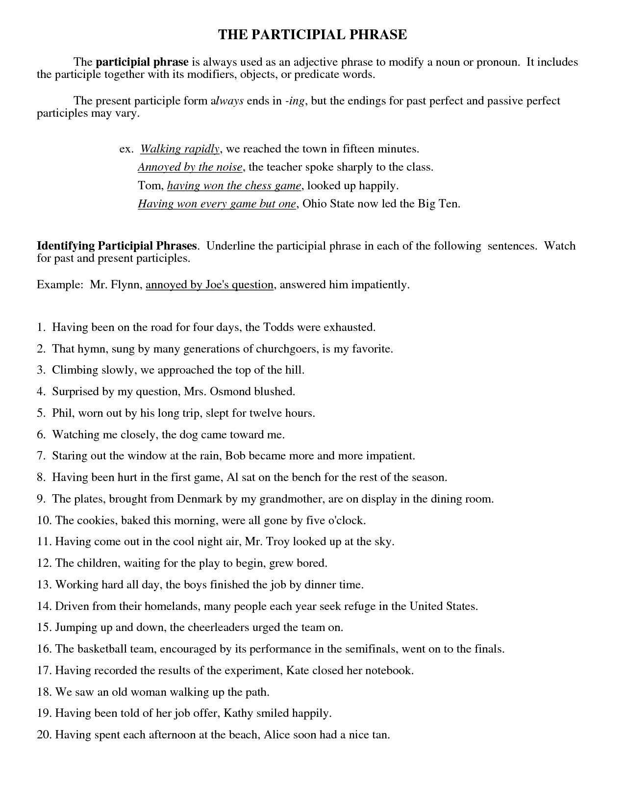 Participial Phrase Examples With Answers Pdf