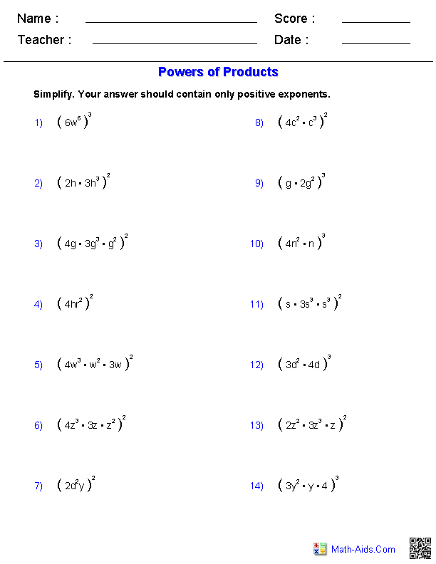 Powers and Exponents Worksheet