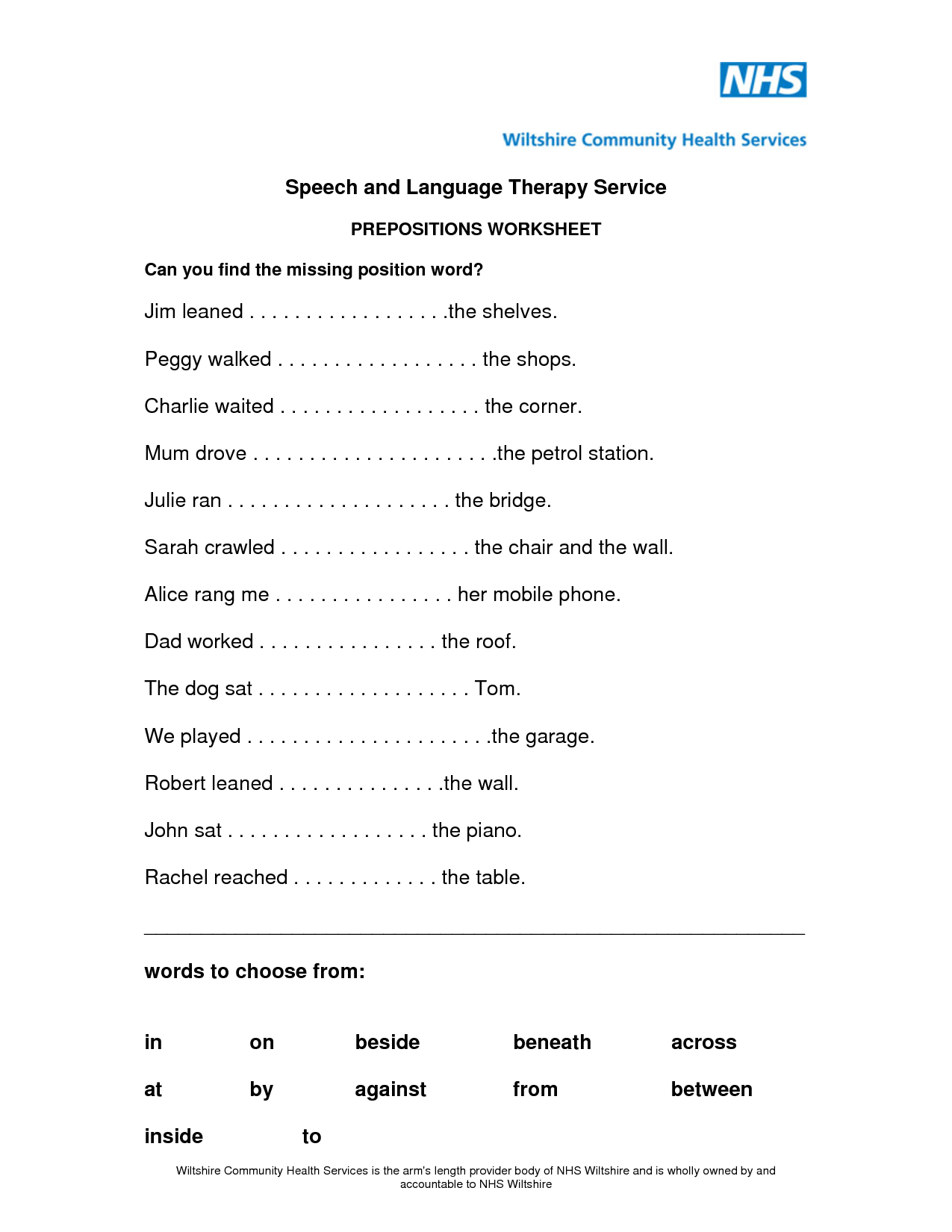 Prepositions Worksheet