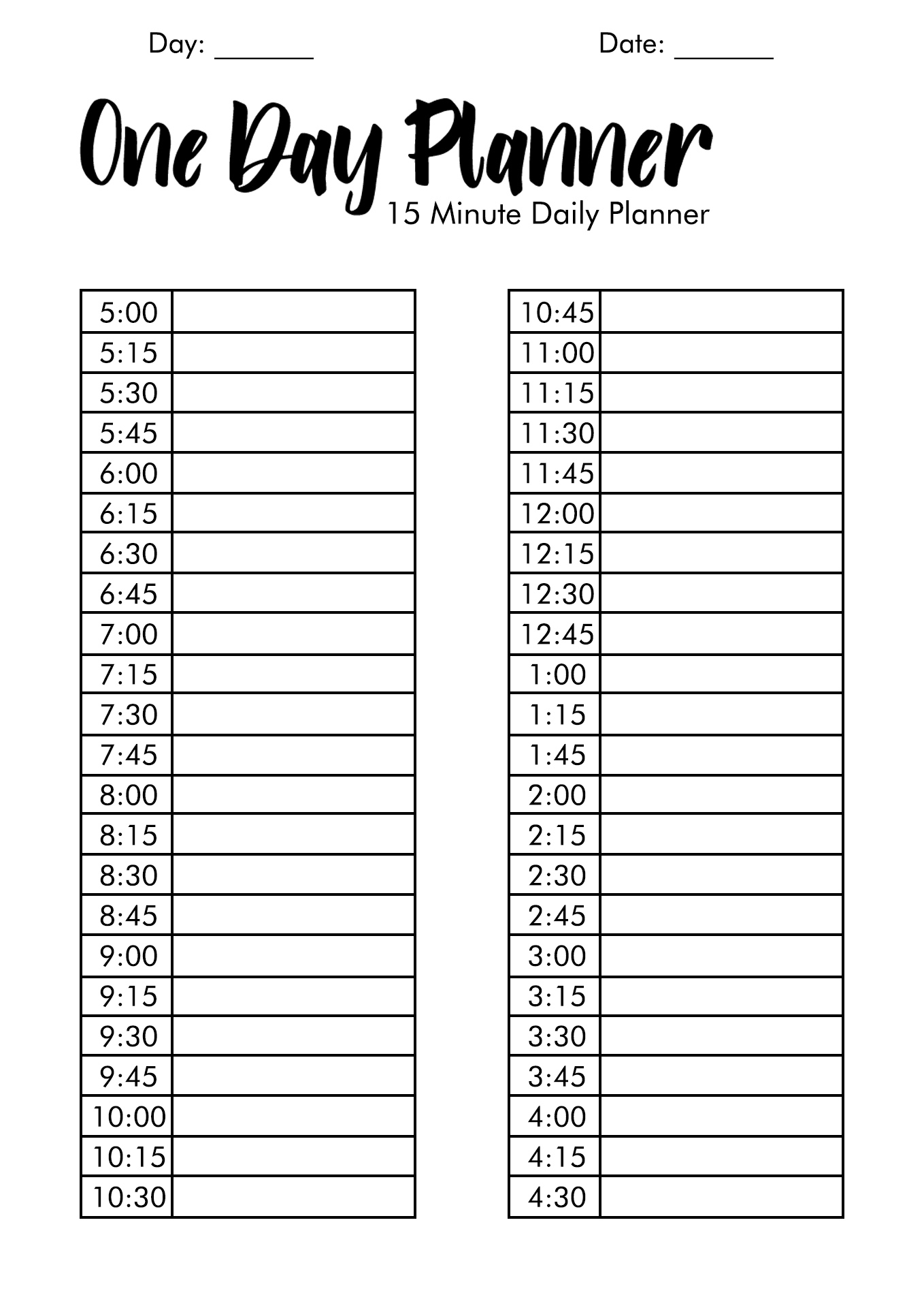 15 Minute Increment Schedule Template