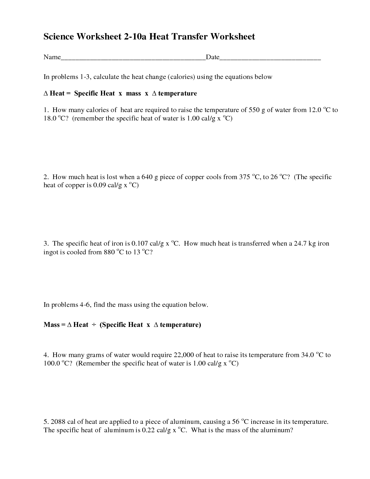 Science Worksheets Heat Energy