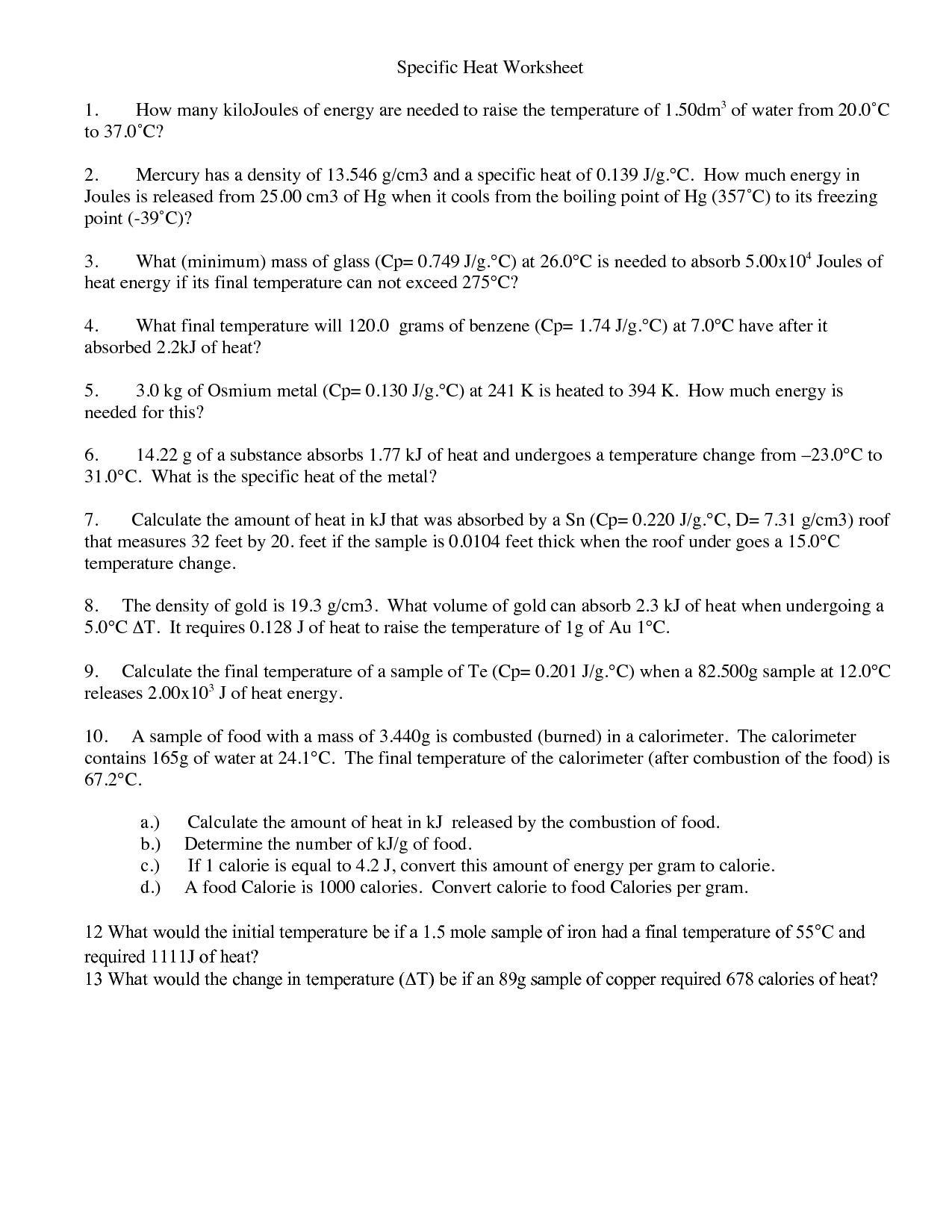 Specific Heat Worksheet