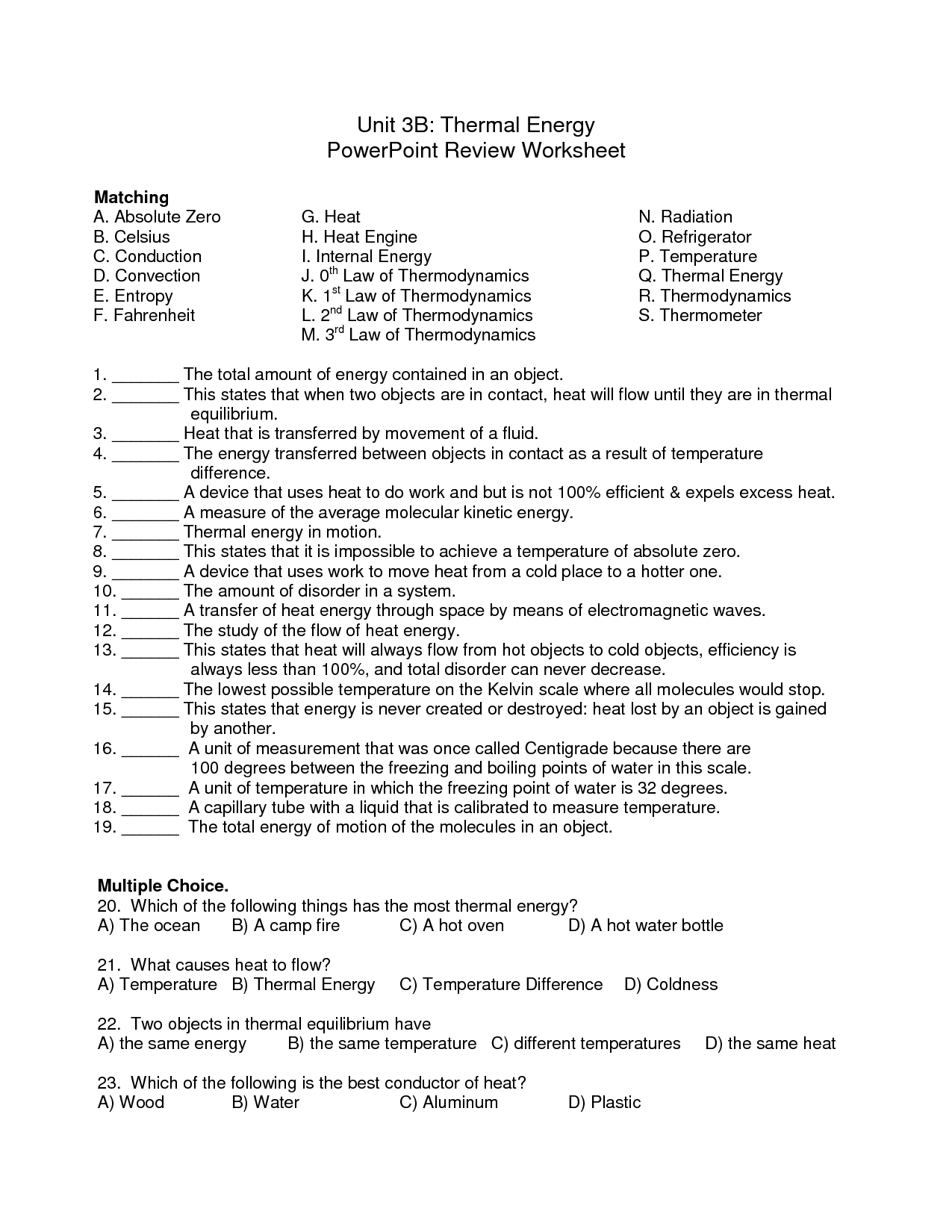 Thermal Energy Transfer Worksheet Answers