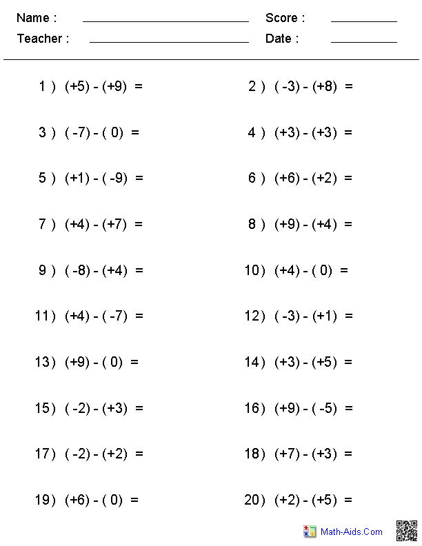 Adding and Subtracting Integers Worksheet