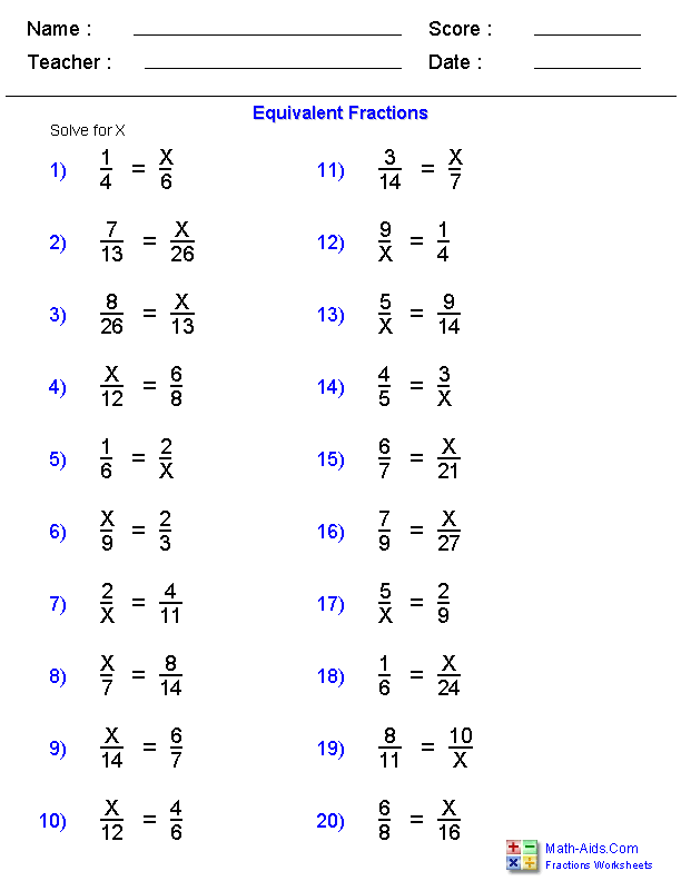 Equivalent Fractions Math Aids Worksheets