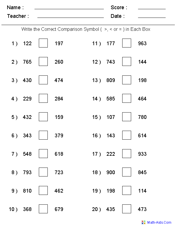 Integers Greater than Less than Worksheets