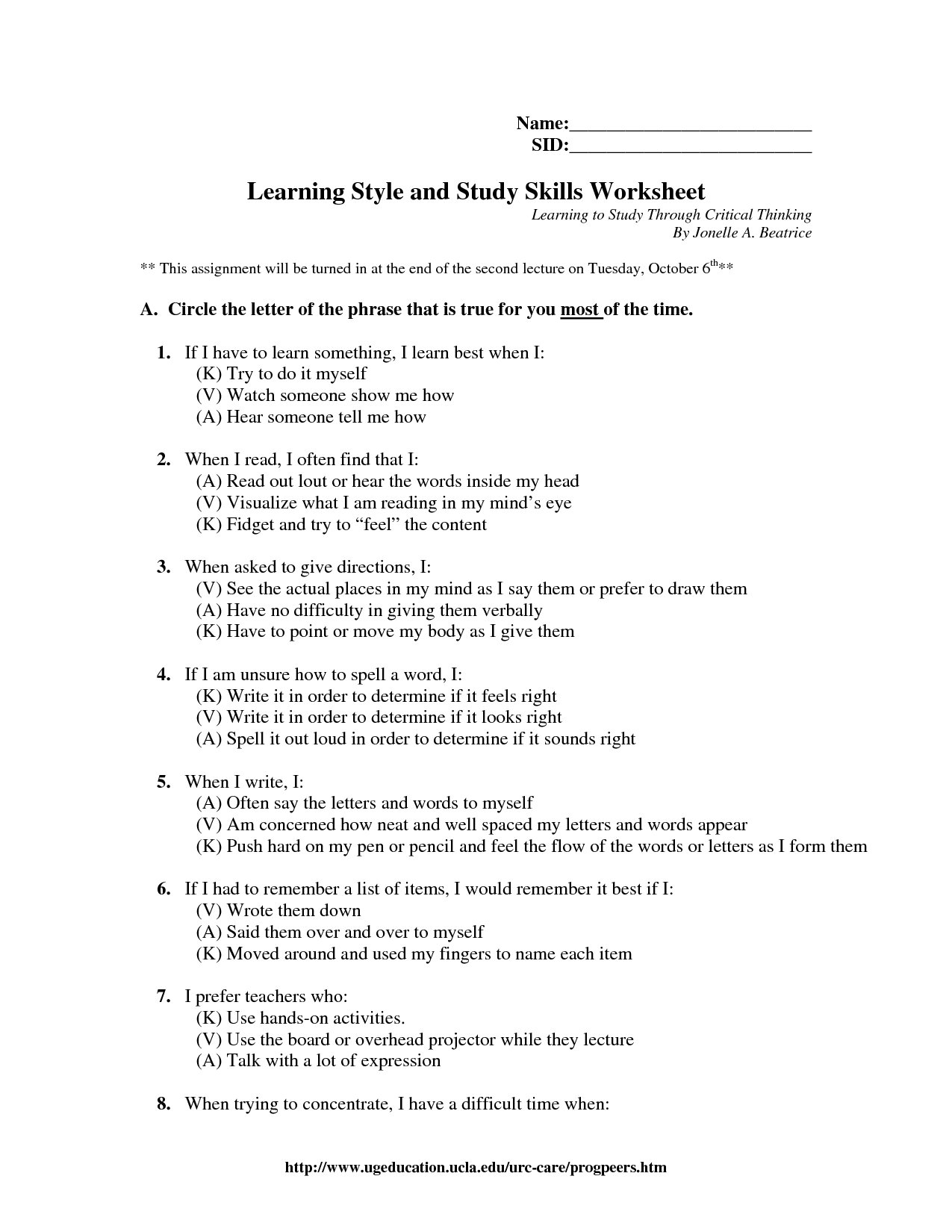 16 Learning Styles Exercise Worksheet Worksheeto