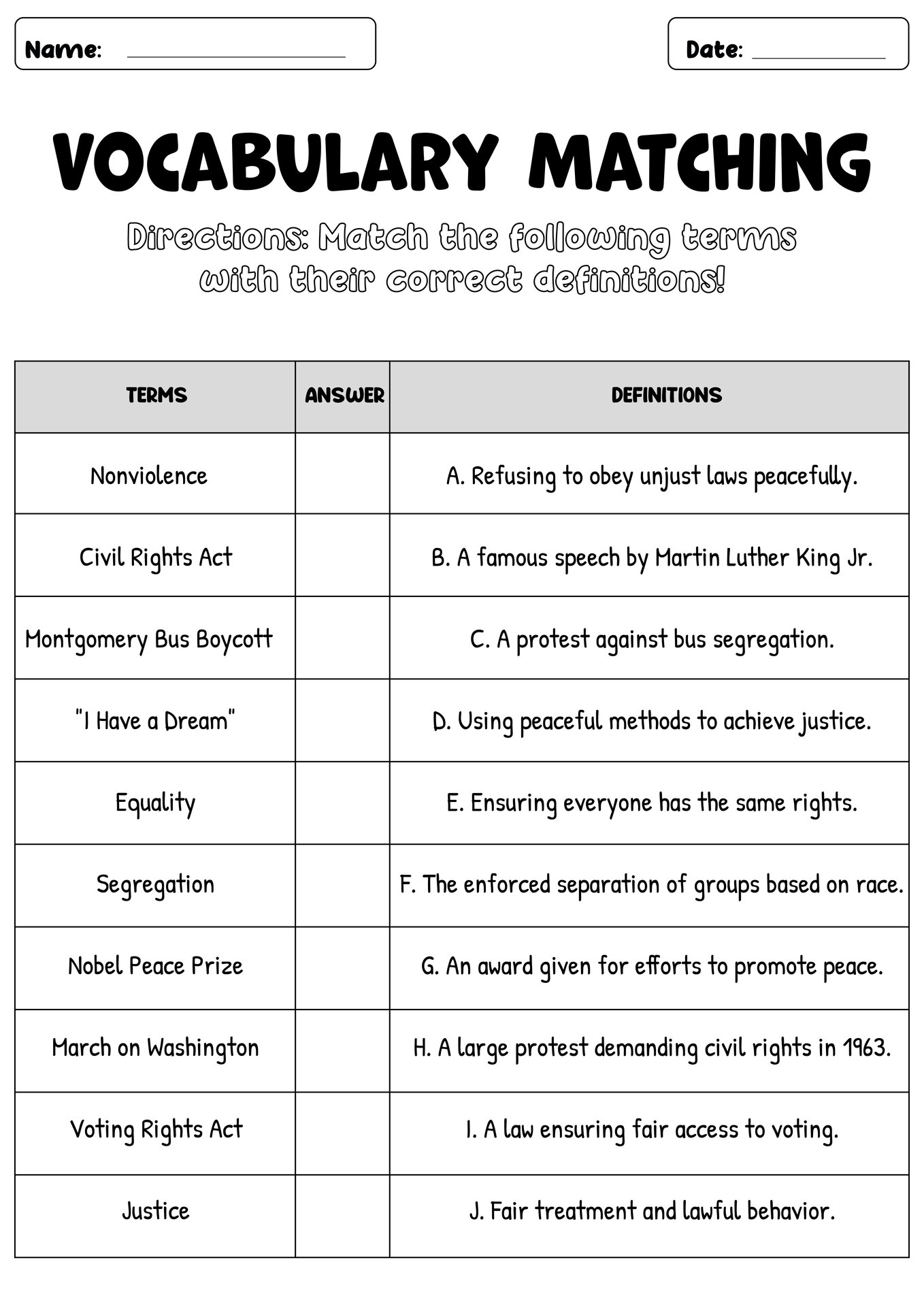 Martin Luther King Activities Worksheets