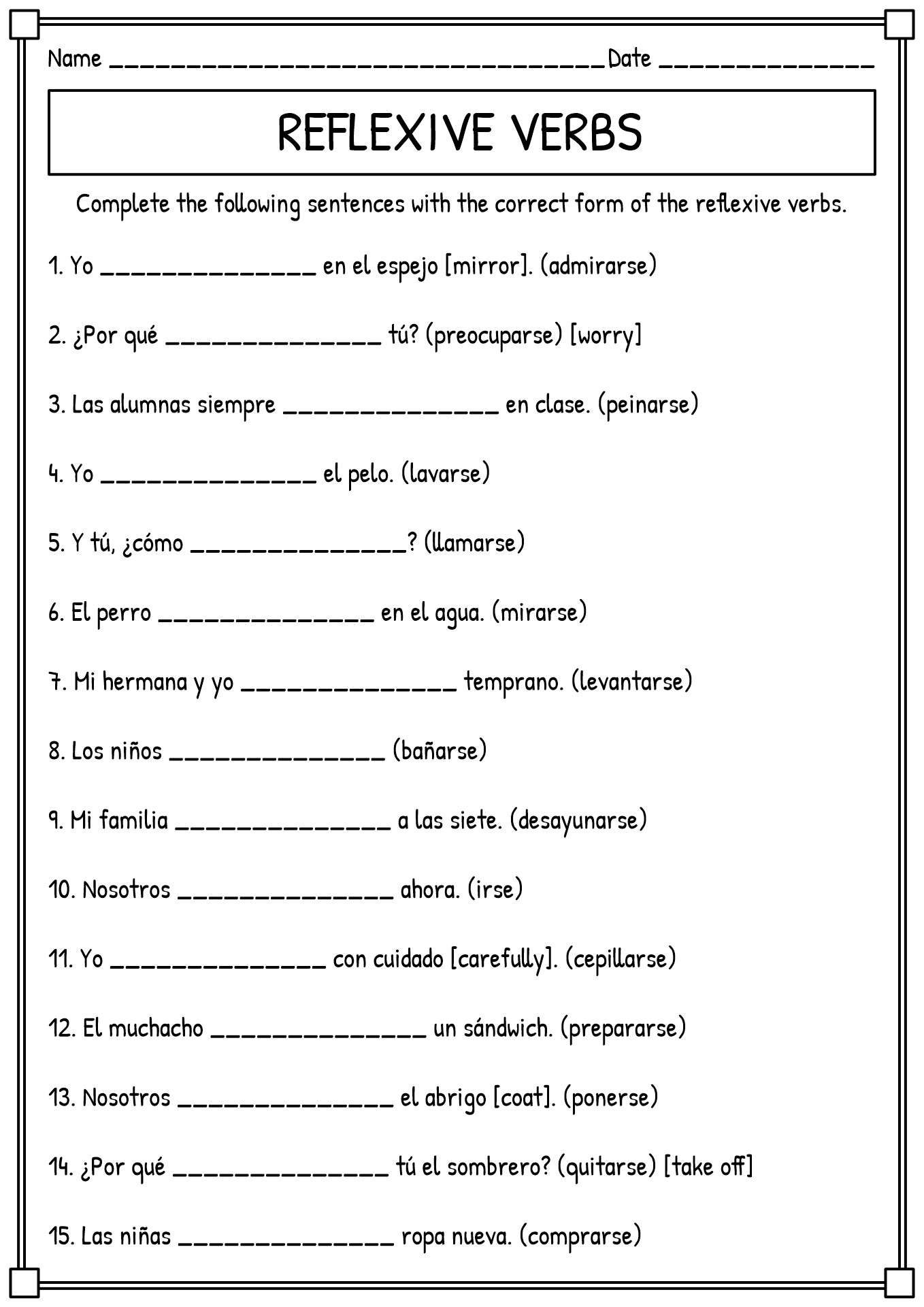 Spanish 2 Reflexive Verbs Worksheet Answers