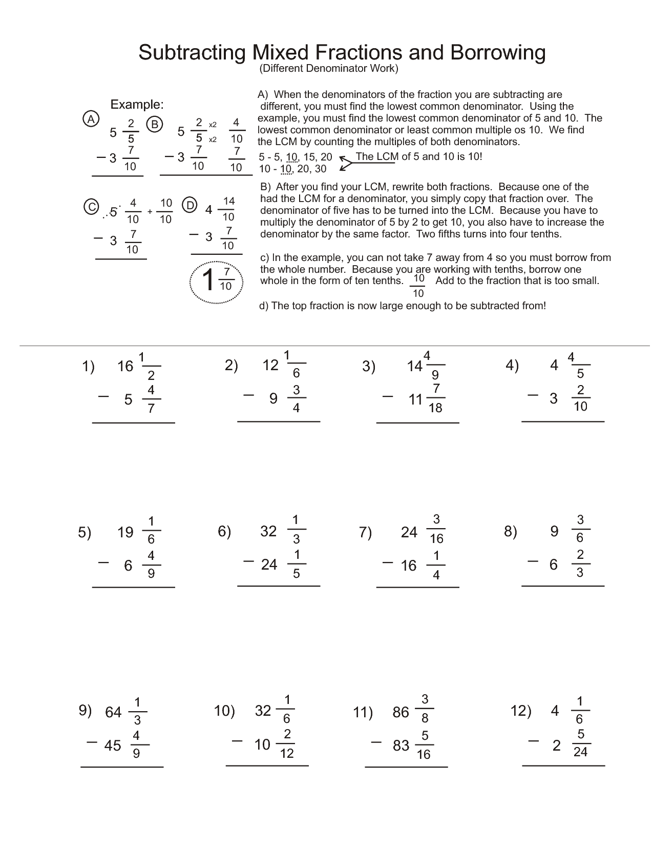 Subtracting Fractions with Borrowing Worksheets