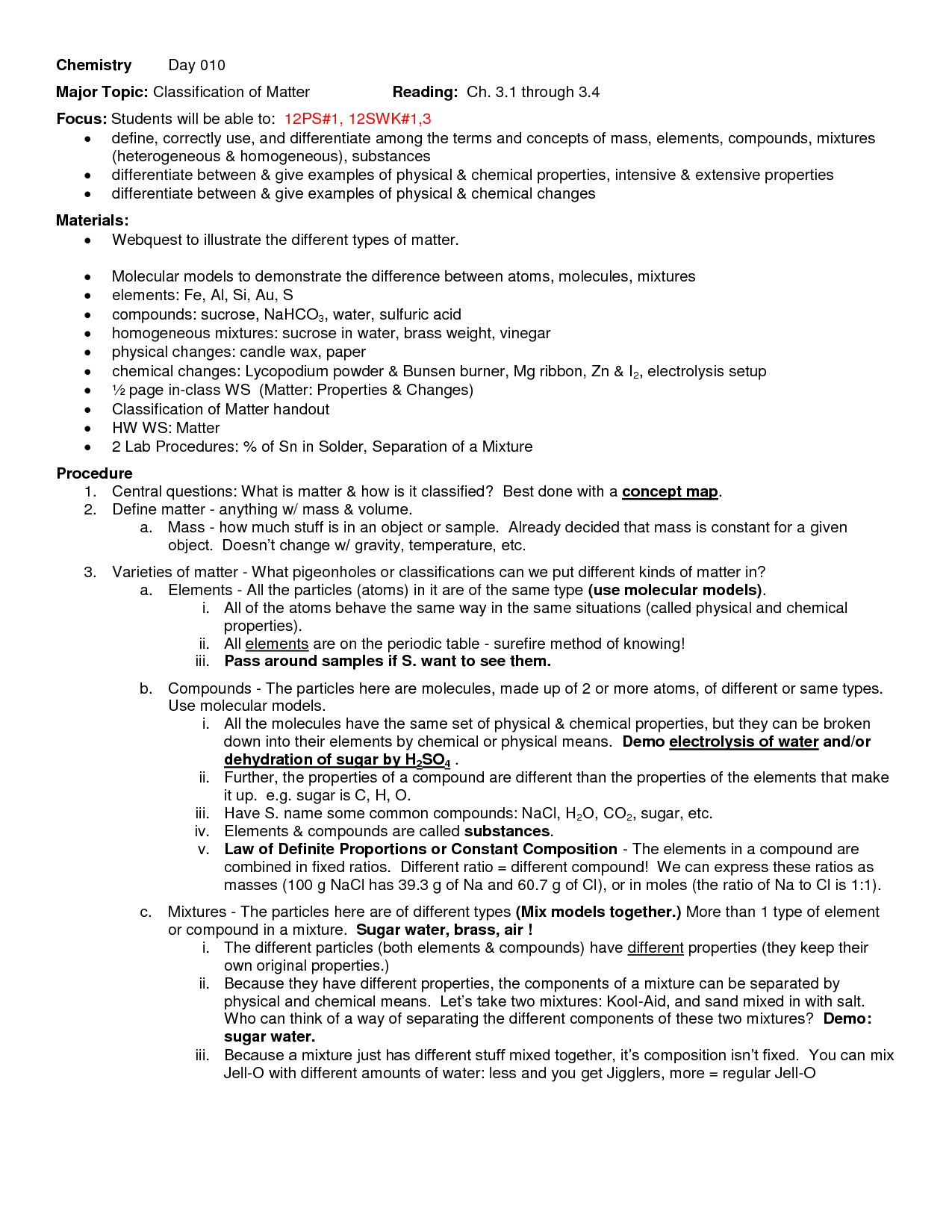 Chemistry Worksheet Matter 1 Answer Key