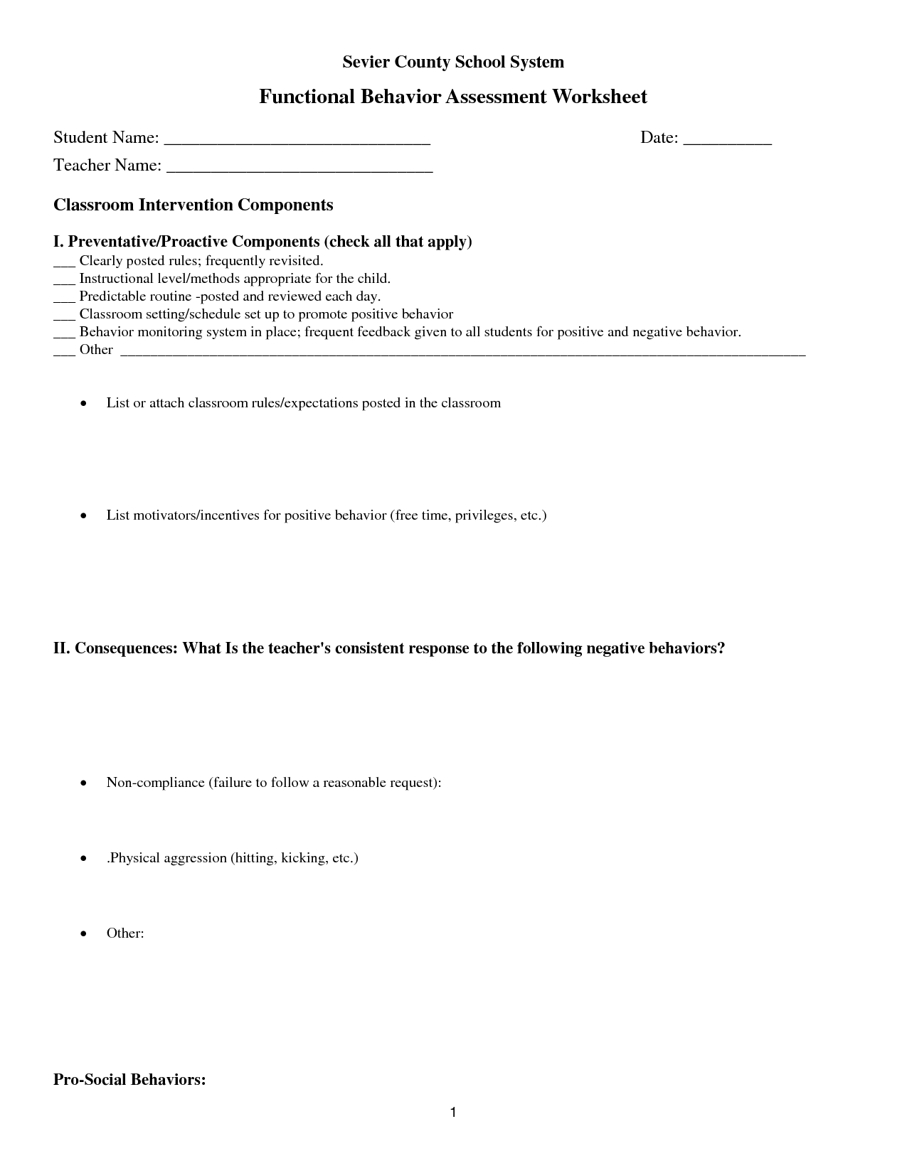 Functional Behavior Assessment Worksheet