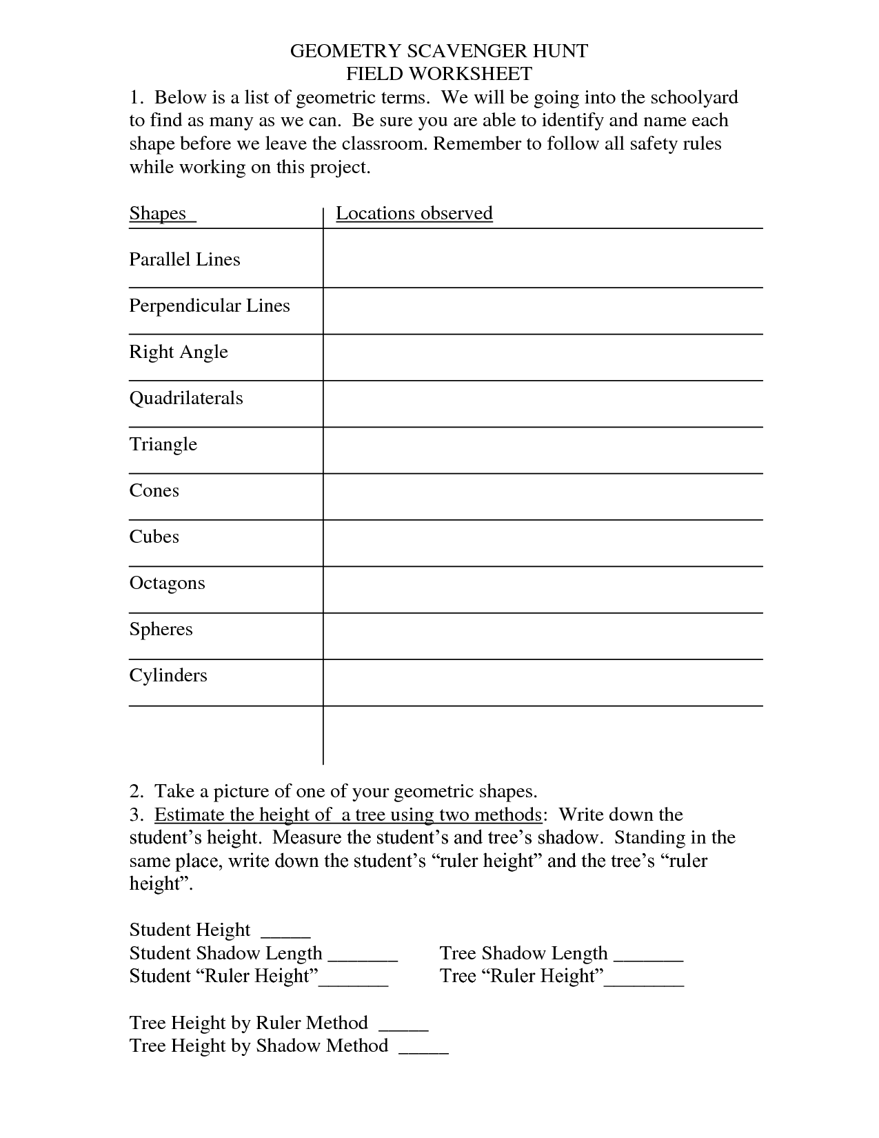 Geometry Scavenger Hunt Worksheet