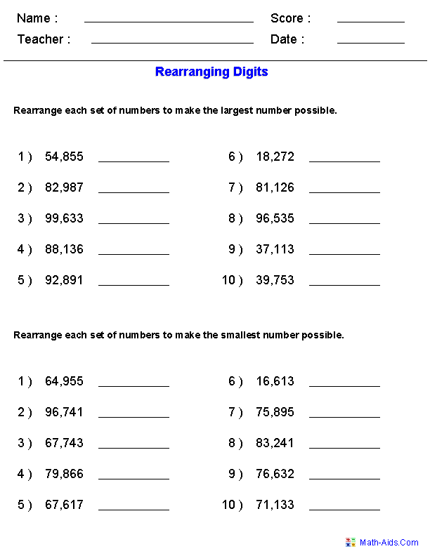 Large Number Place Value Worksheets