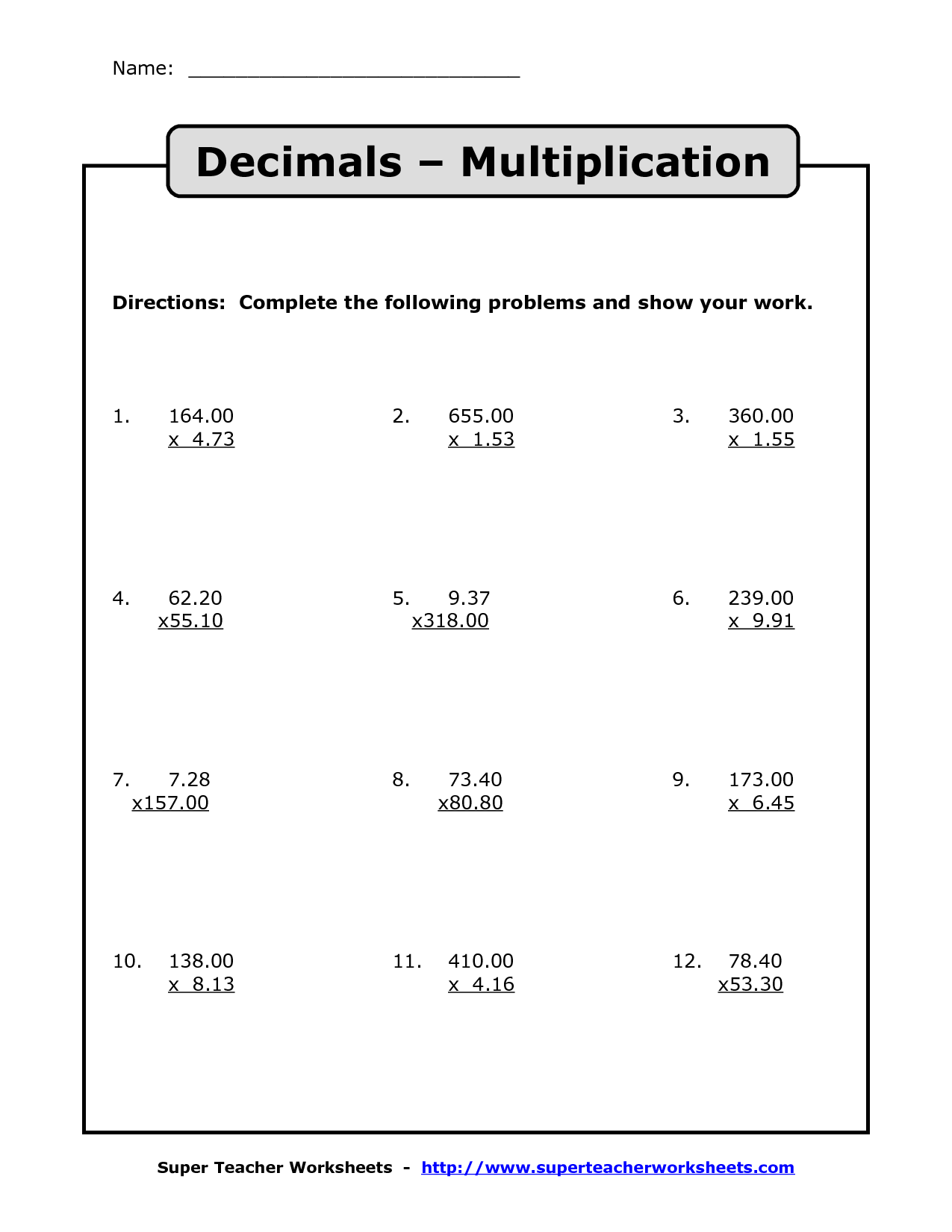 Multiplication with Decimals Worksheets