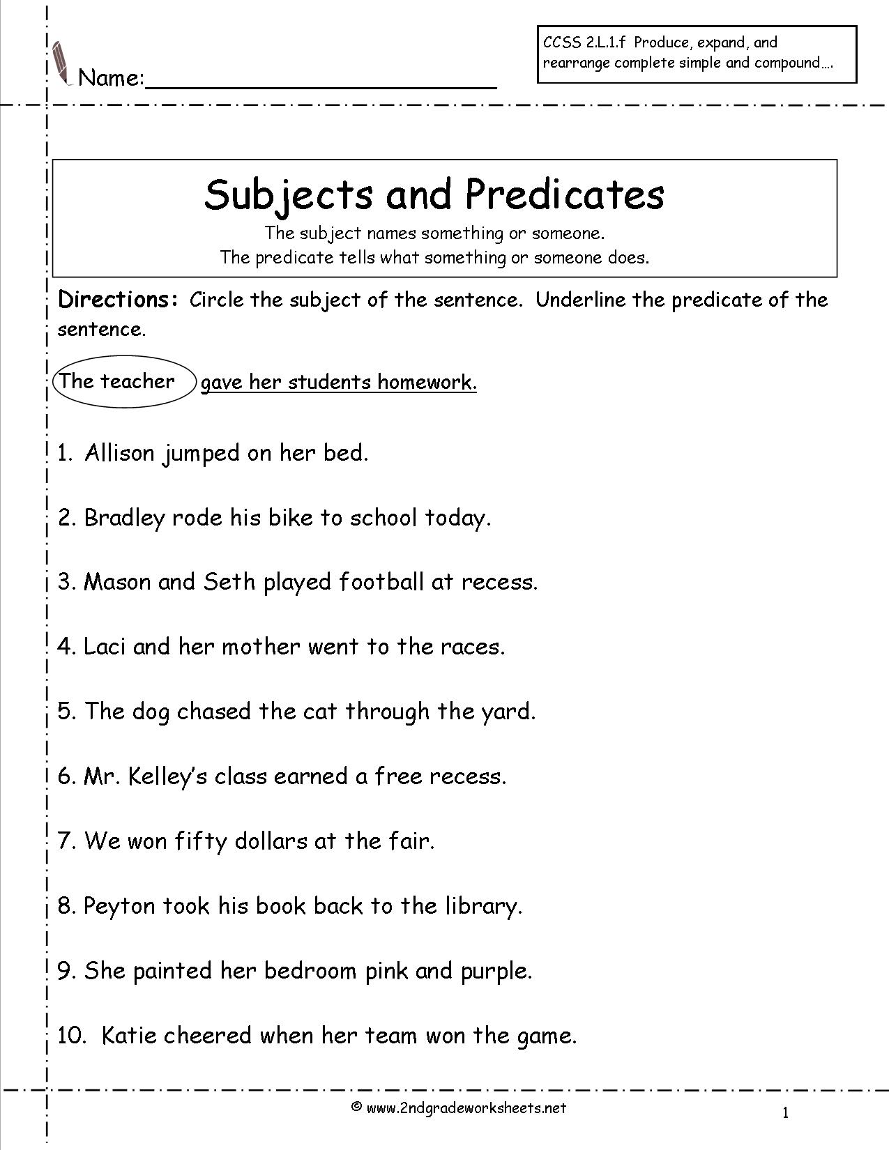 Simple Subject and Predicate Worksheets