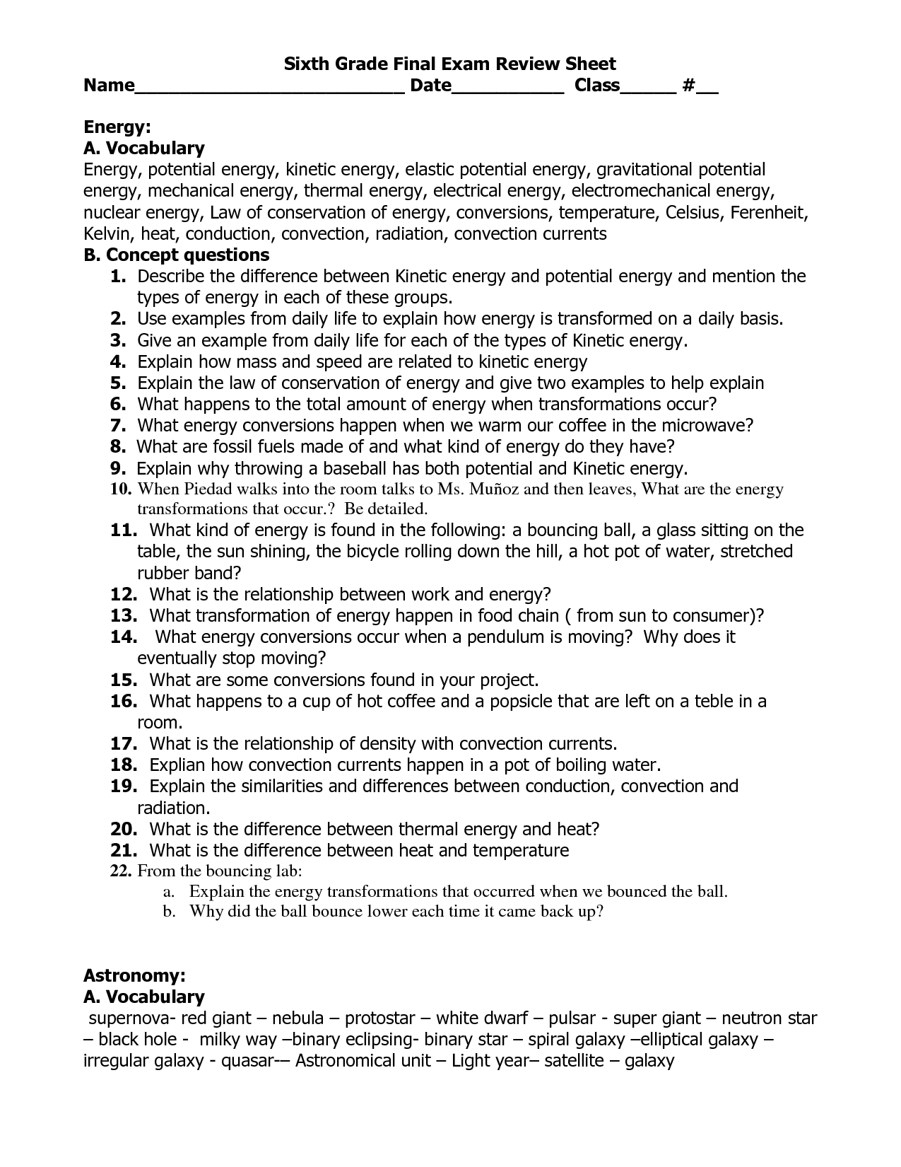 6th Grade Science Final Exam