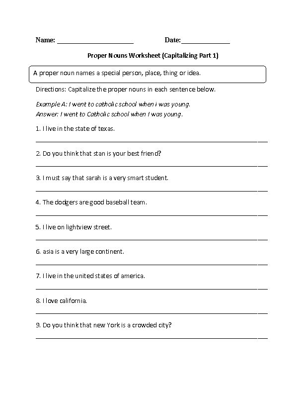 Capitalizing Proper Nouns Worksheet