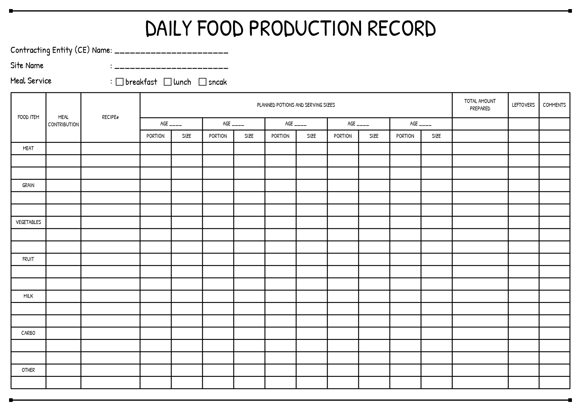 Printable Food Production Sheet Template