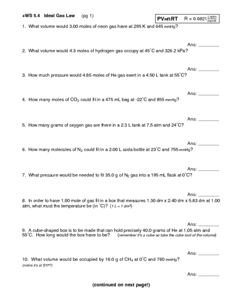 Ideal Gas Law Worksheet Answers