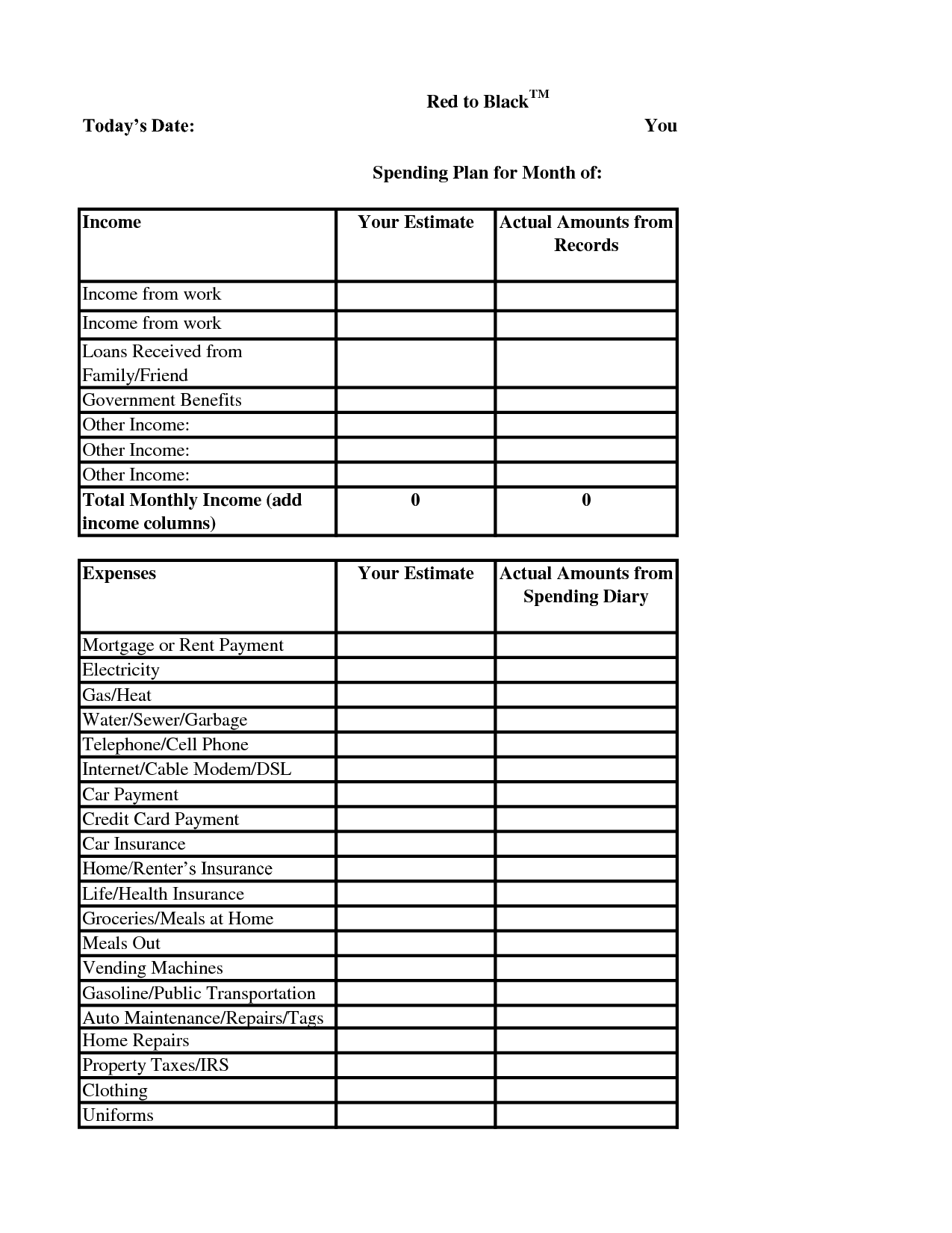 Monthly Spending Plan Excel