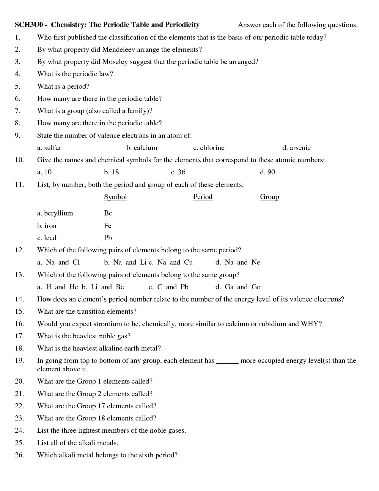 Periodic Trends Worksheet Answers