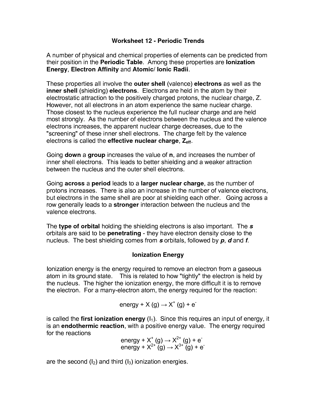 Periodic Trends Worksheet Answers