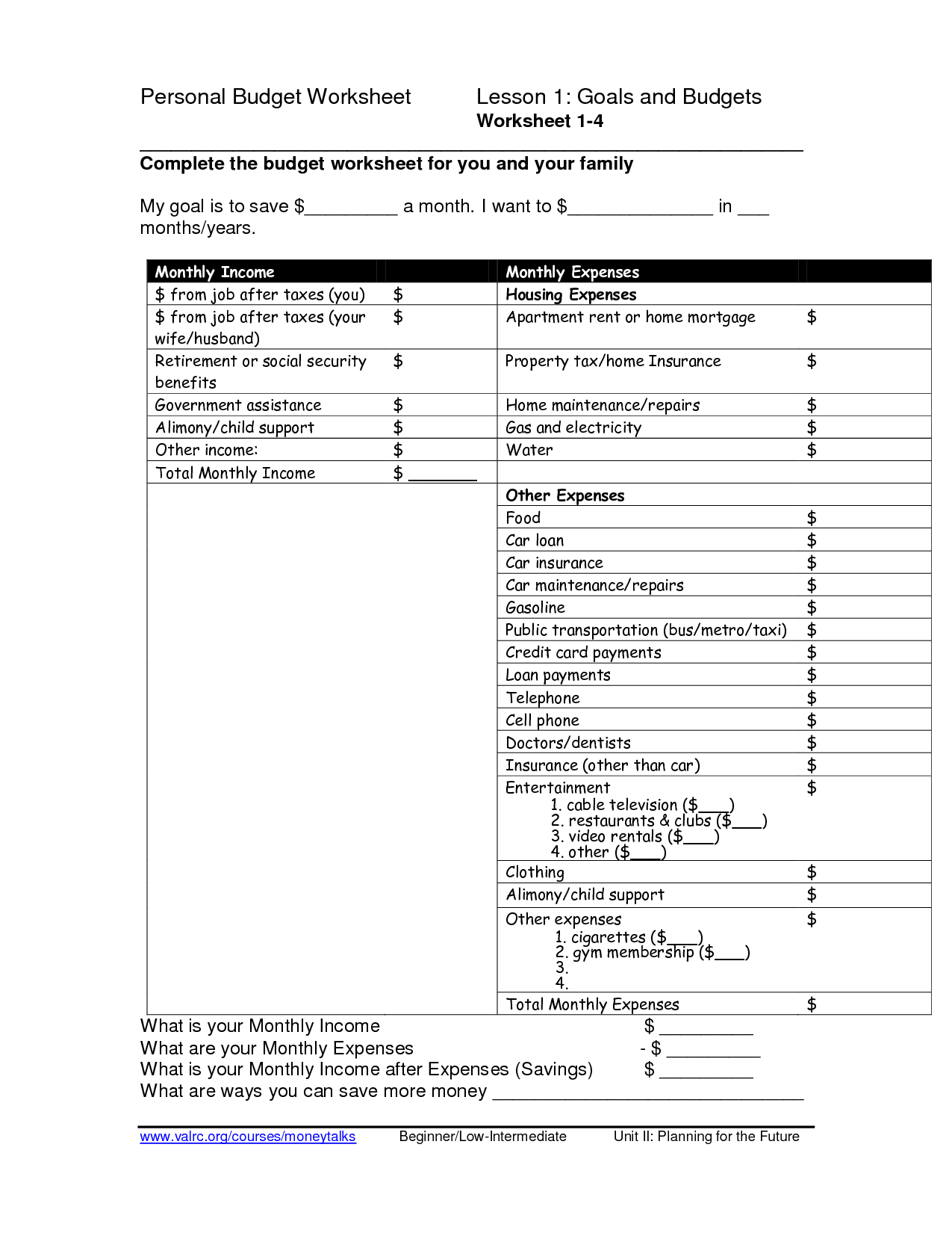 Personal Monthly Budget Worksheet