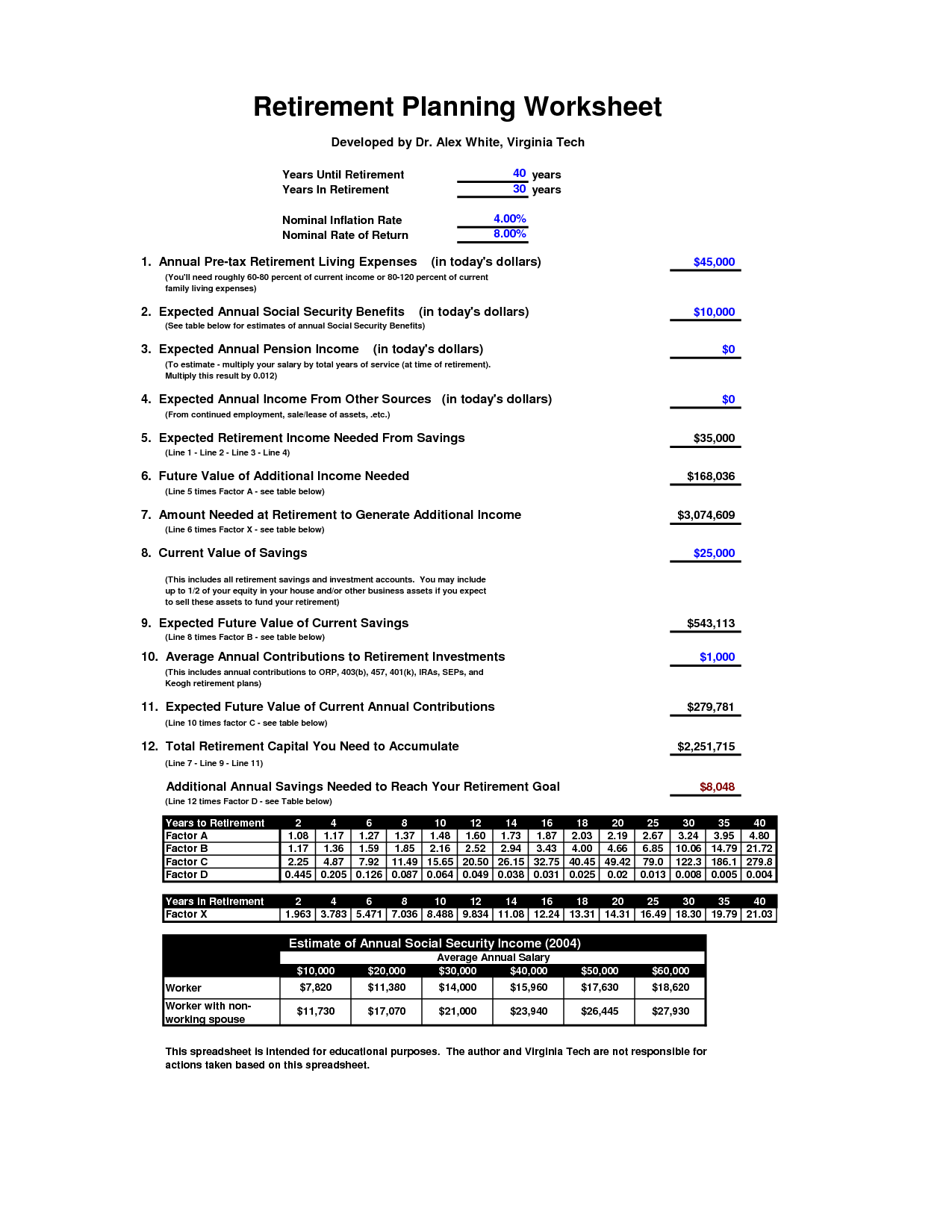 Retirement Planning Worksheet Printable