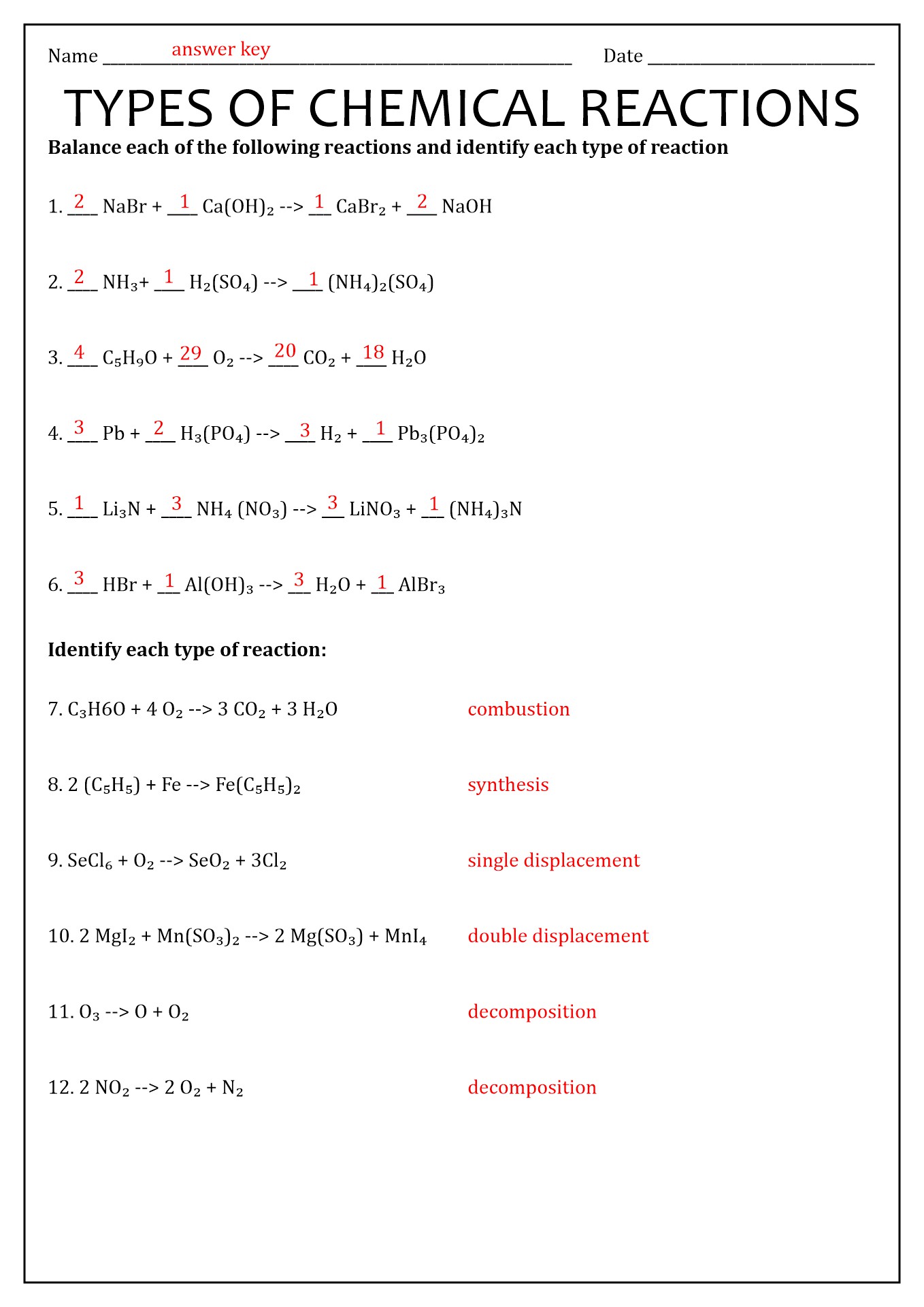 Types Of Chemical Reactions Worksheet Answers Live Worksheet