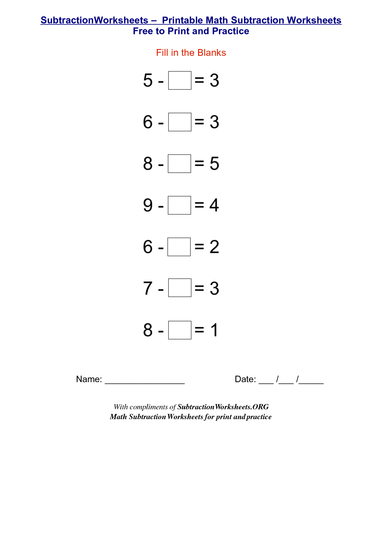 Free Printable Math Worksheets Subtraction