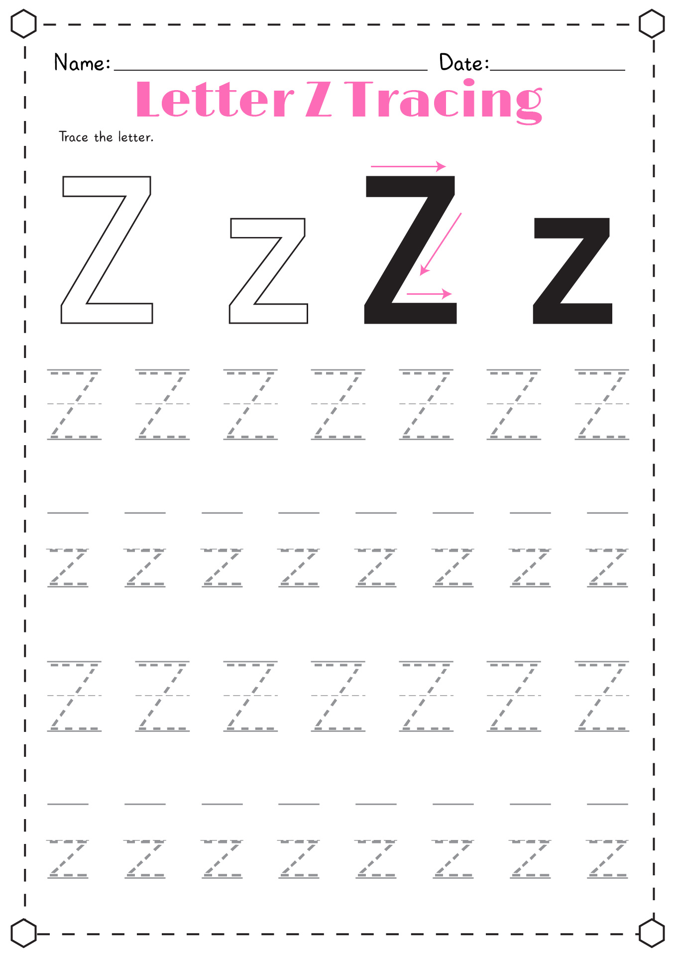 Letter Z Tracing Worksheets