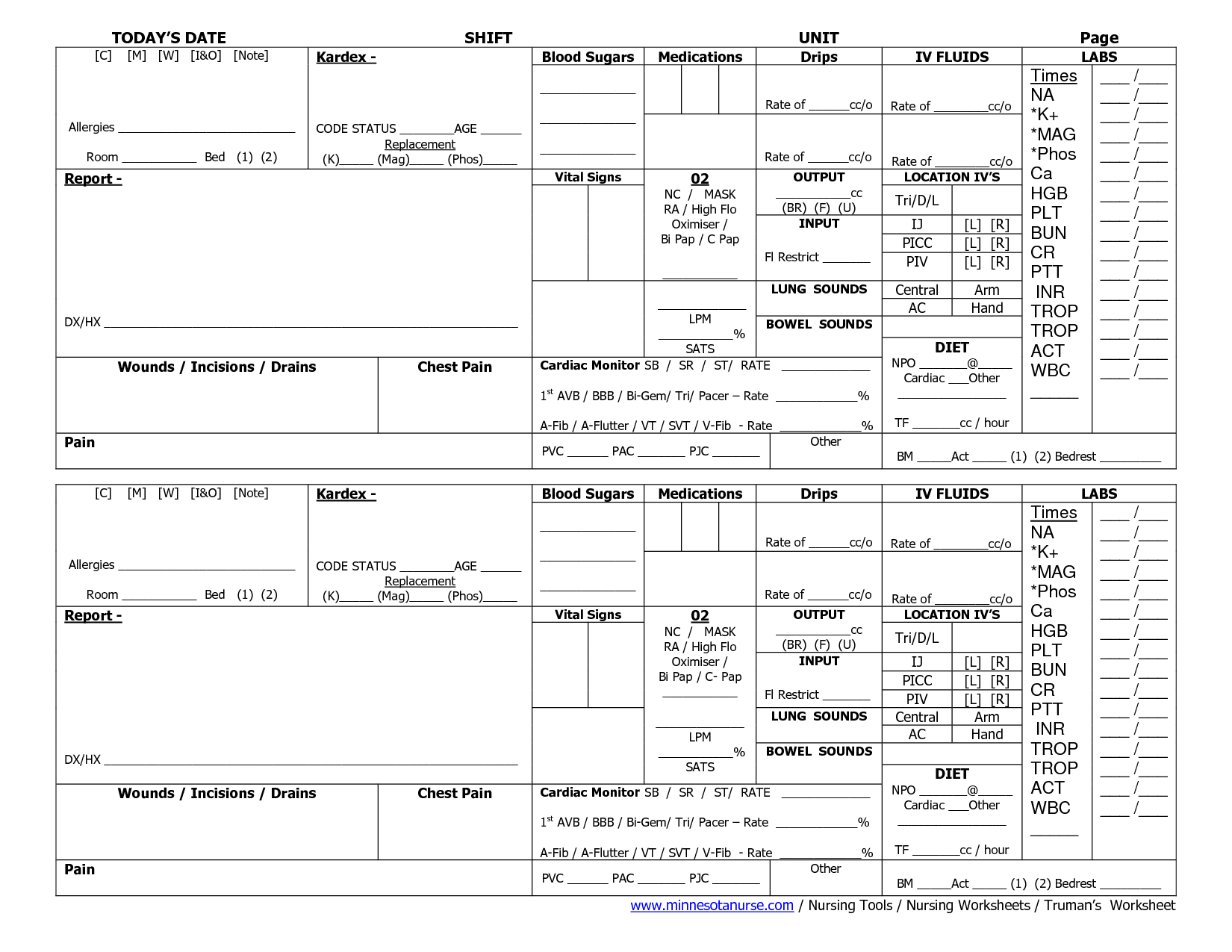 Nursing Report Sheets Nurses Templates