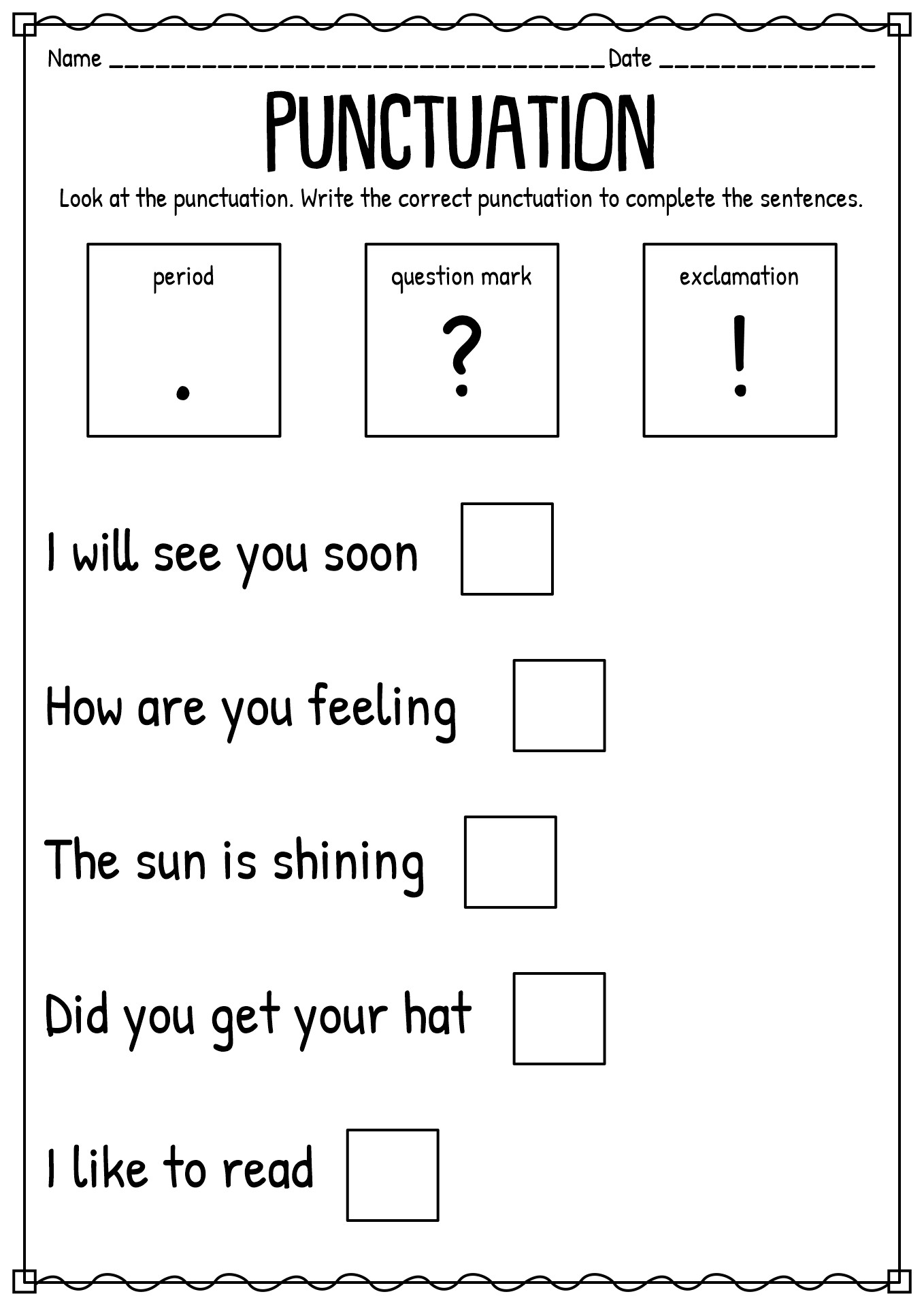 Free Printable Kindergarten Punctuation Worksheet