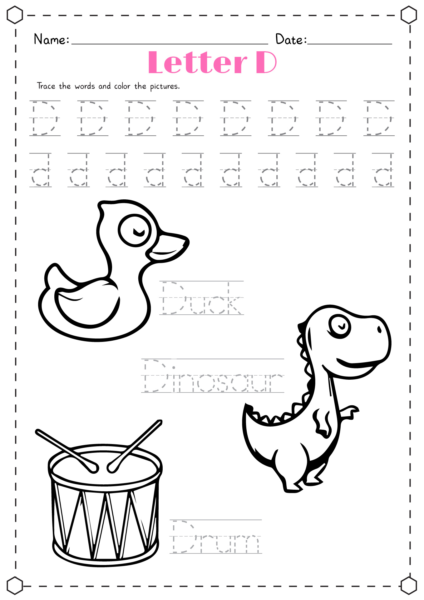 Tracing Letter D Coloring Pages