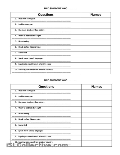 Printable Ice Breaker Worksheets