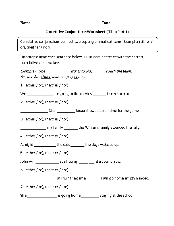 Coordinating Conjunctions Worksheets