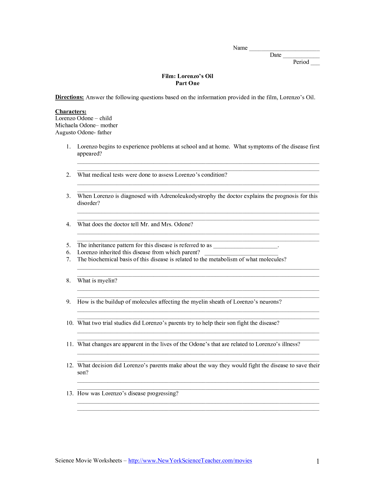 Lorenzos Oil Worksheet Answers