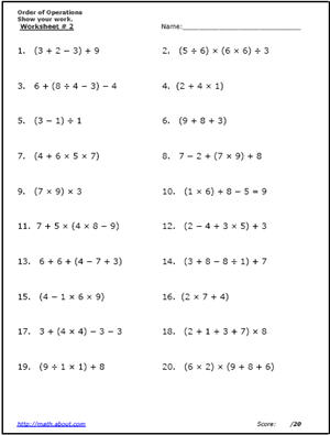 Order of Operations Worksheets with Parenthesis