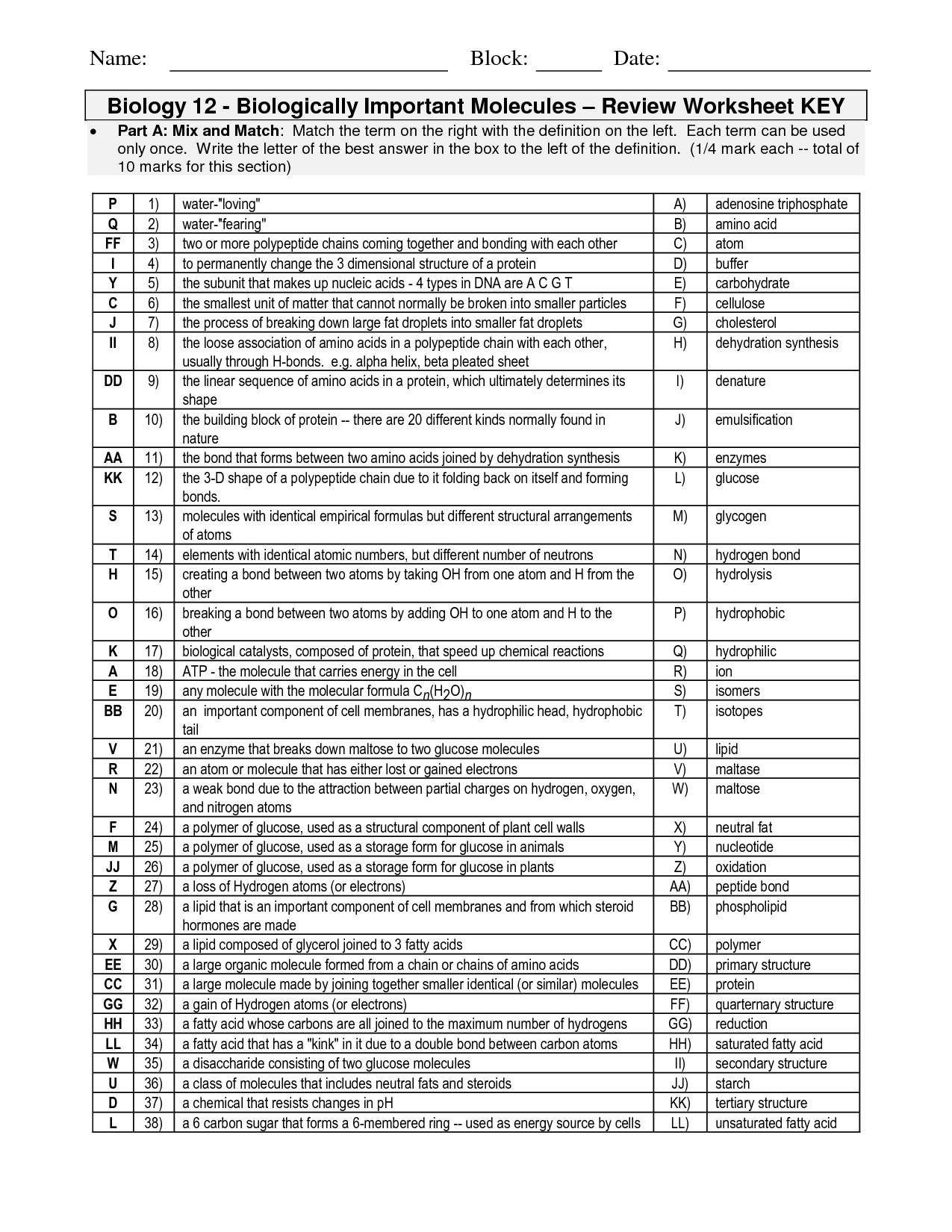 Organic Molecules Worksheet Review Answer Key