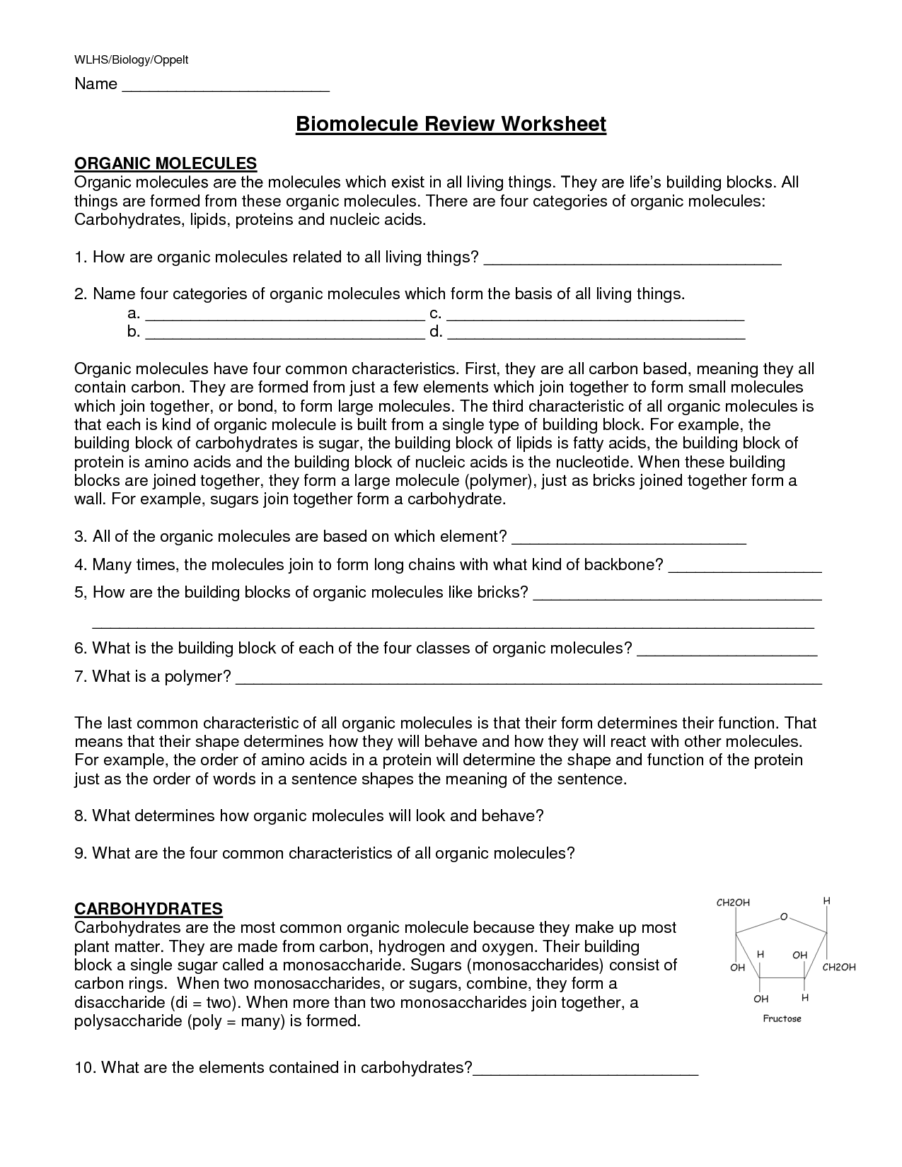 Organic Molecules Worksheet Review Answers