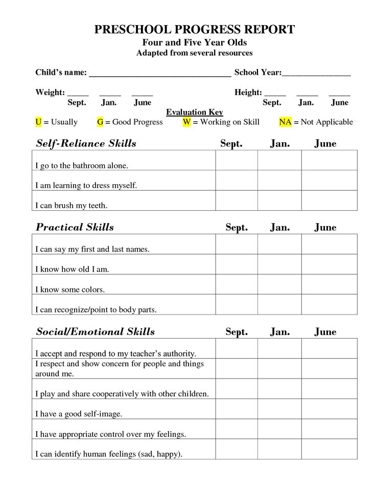 Preschool Progress Report Template